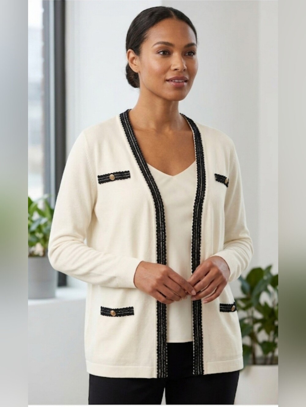 Adrianna Papell Cream Cardigan with Black Trim, Size XL.